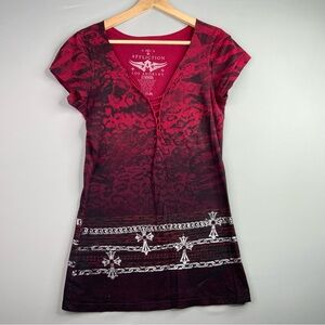 Affliction Red and Black Patterned V-Neck short sleeved shirt. Women’s size Med.